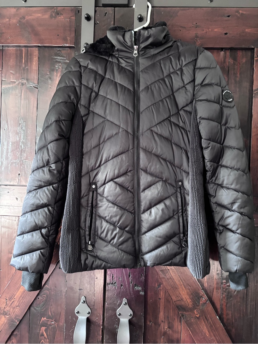 Nautica Black Quilted Puffer Jacket with Knit Side Panels and High Collar